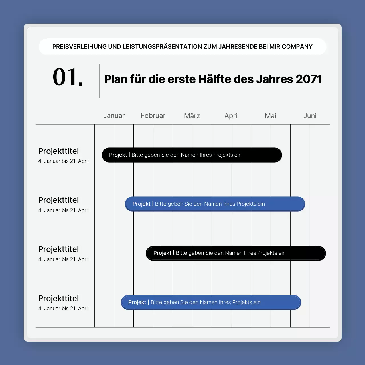Eine einfache blau-weiße Leistungspräsentation und ein Veranstaltungsbericht zum Jahresende