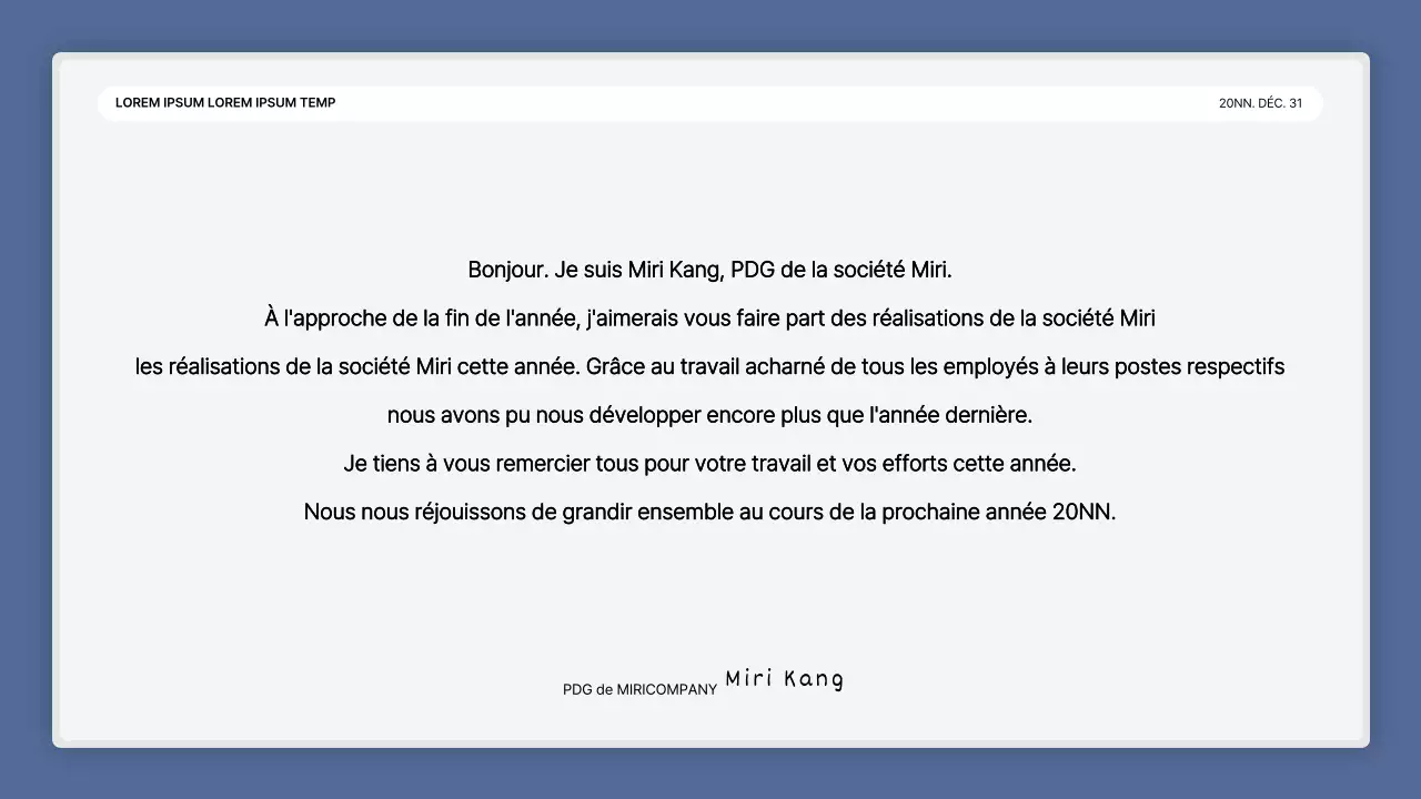 Une simple présentation de performance en bleu et blanc et un rapport sur l'événement de fin d'année