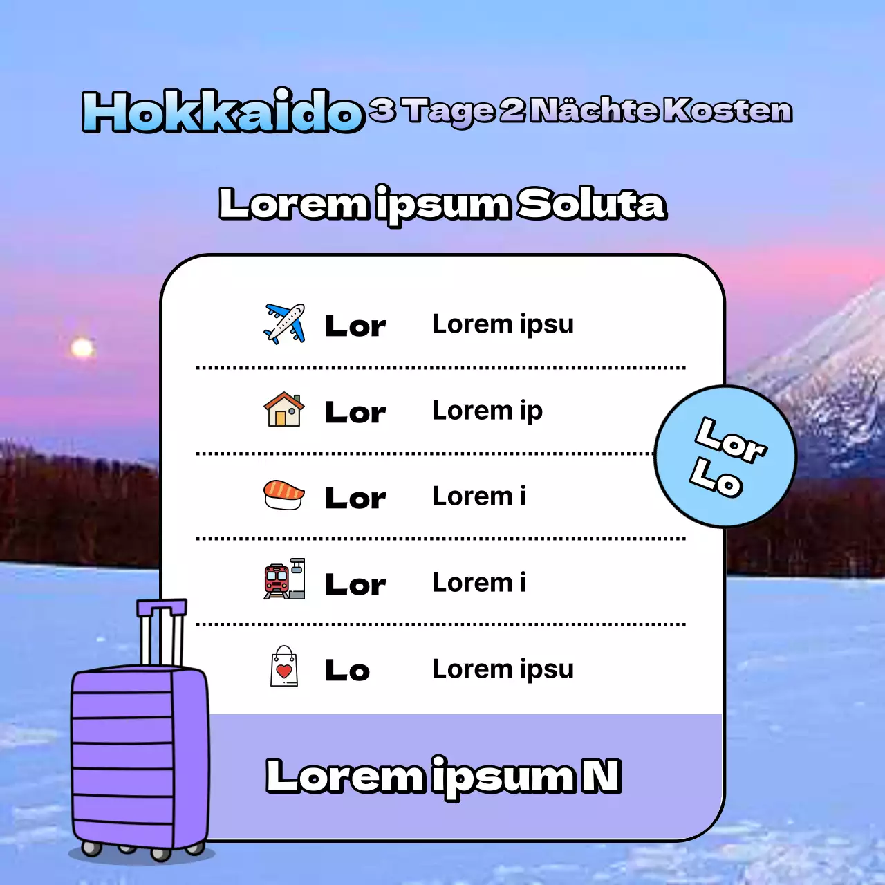 Kitschige Hokkaido-Reisewerbung in Hellblau und Mauve