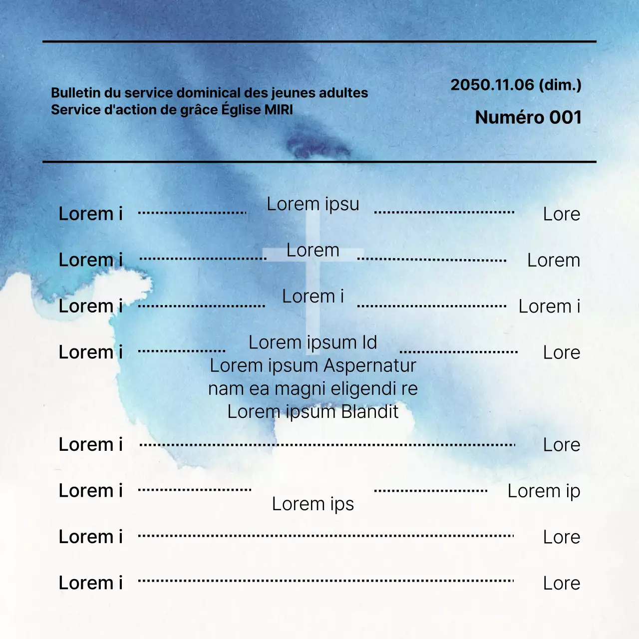 Guide des bulletins de culte modernes en bleu et blanc