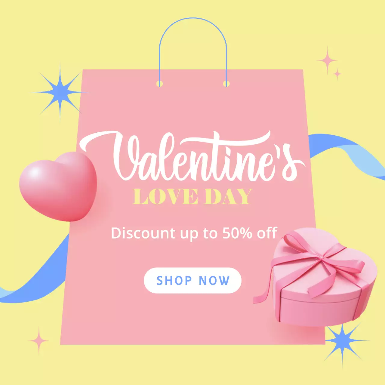 발렌타인데이를 위한 3D 쇼핑백 및 하트 모양 선물 증정 인스타그램 포스트