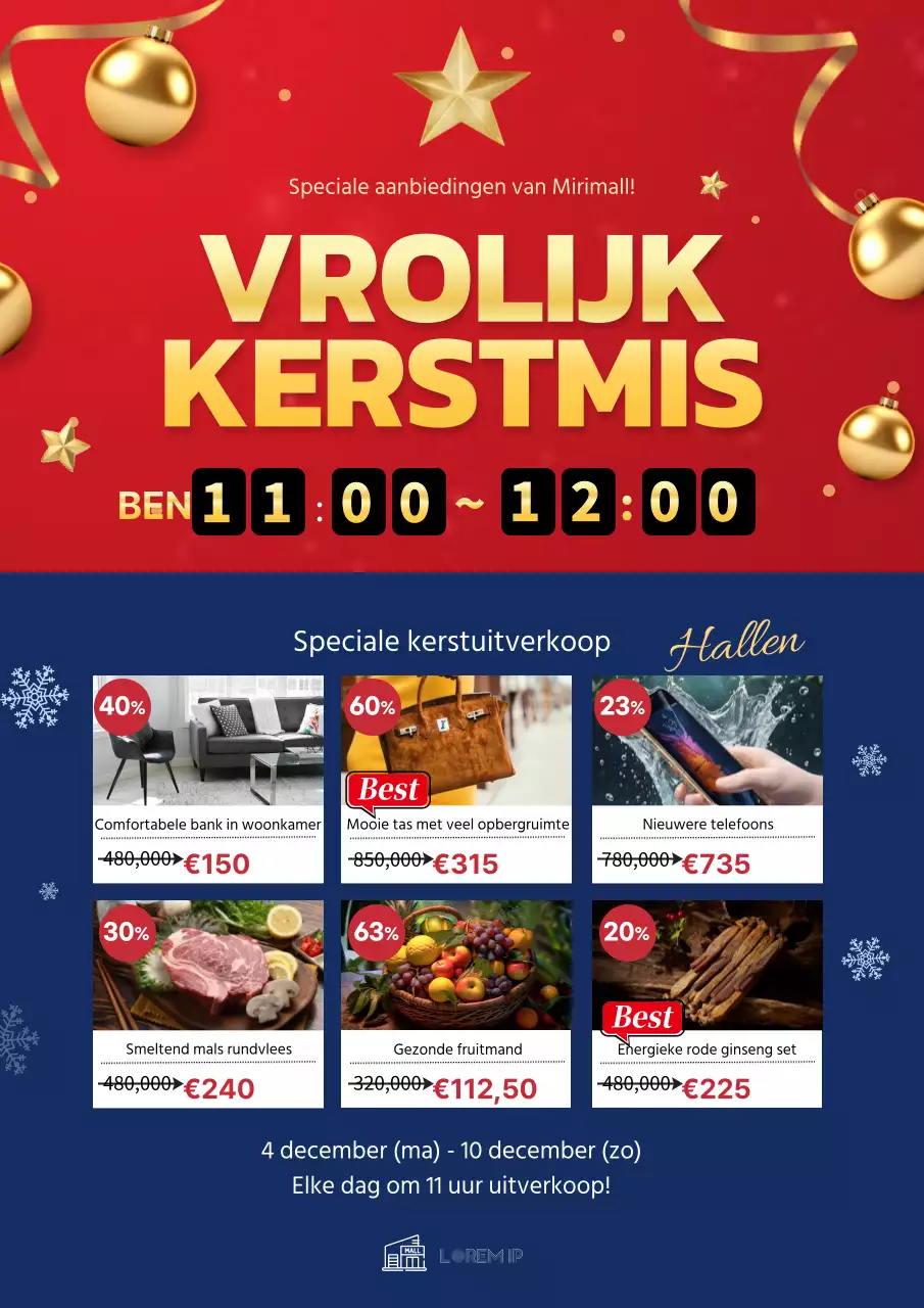 Promoot een basisverkoop van een rood en blauw kerstevenement