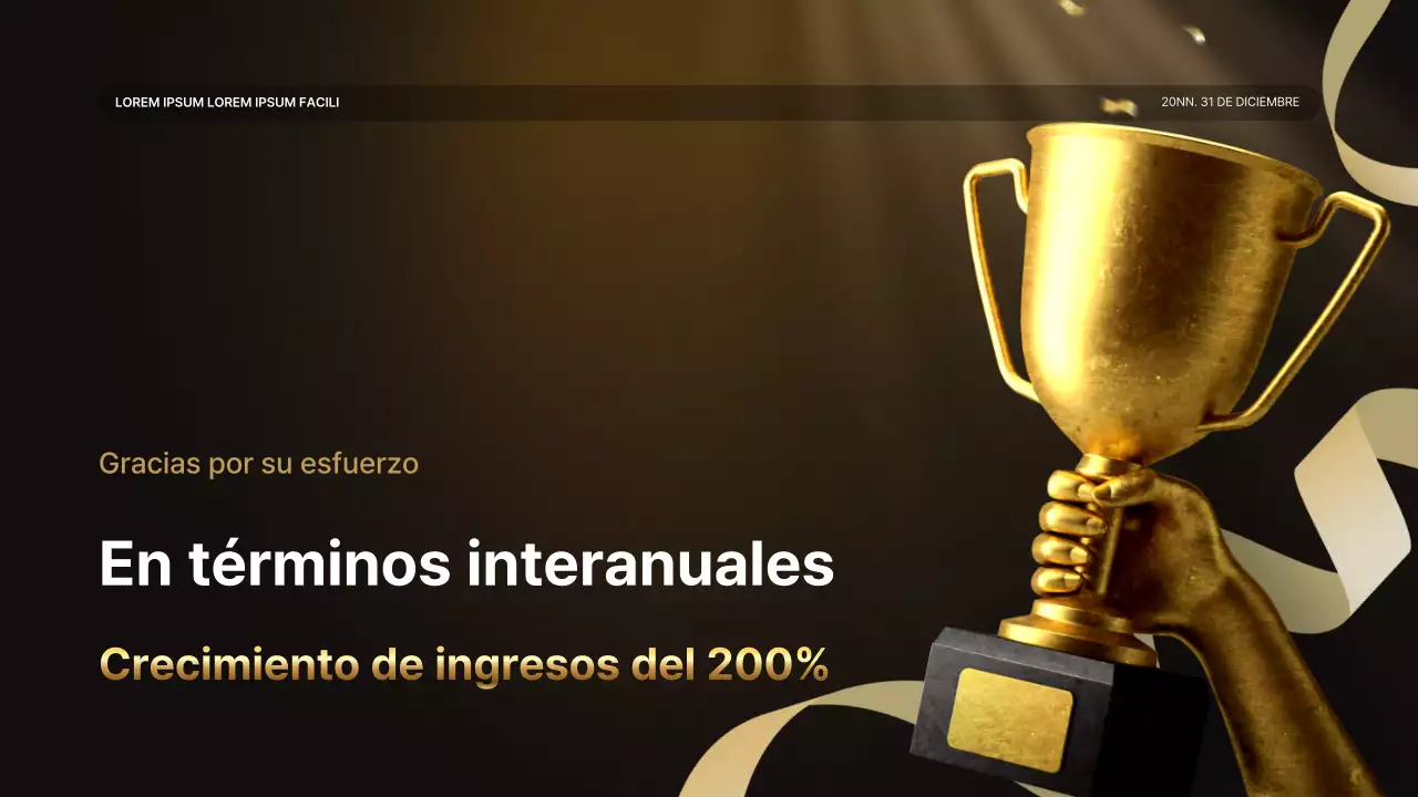 Una lujosa presentación de resultados en dorado y marrón y un informe del evento de fin de año