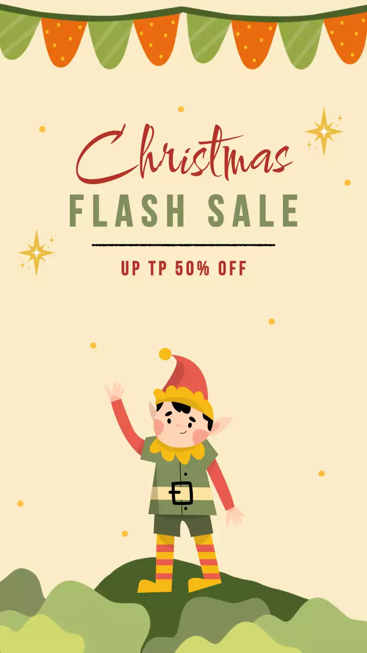 귀여운 엘프 일러스트가 있는 화려한 크리스마스 플래시 세일 인스타그램 스토리