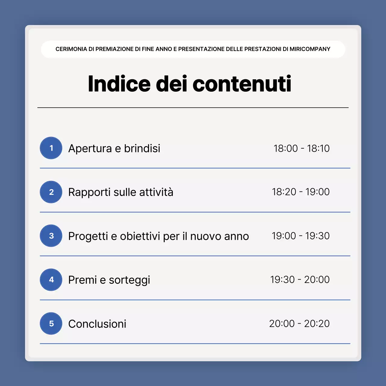 Una semplice presentazione delle prestazioni in bianco e blu e una relazione sull'evento di fine anno