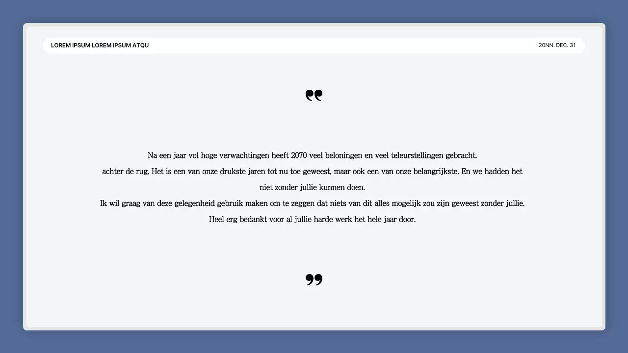 Een eenvoudige blauw-witte prestatiepresentatie en verslag van het eindejaarsevenement