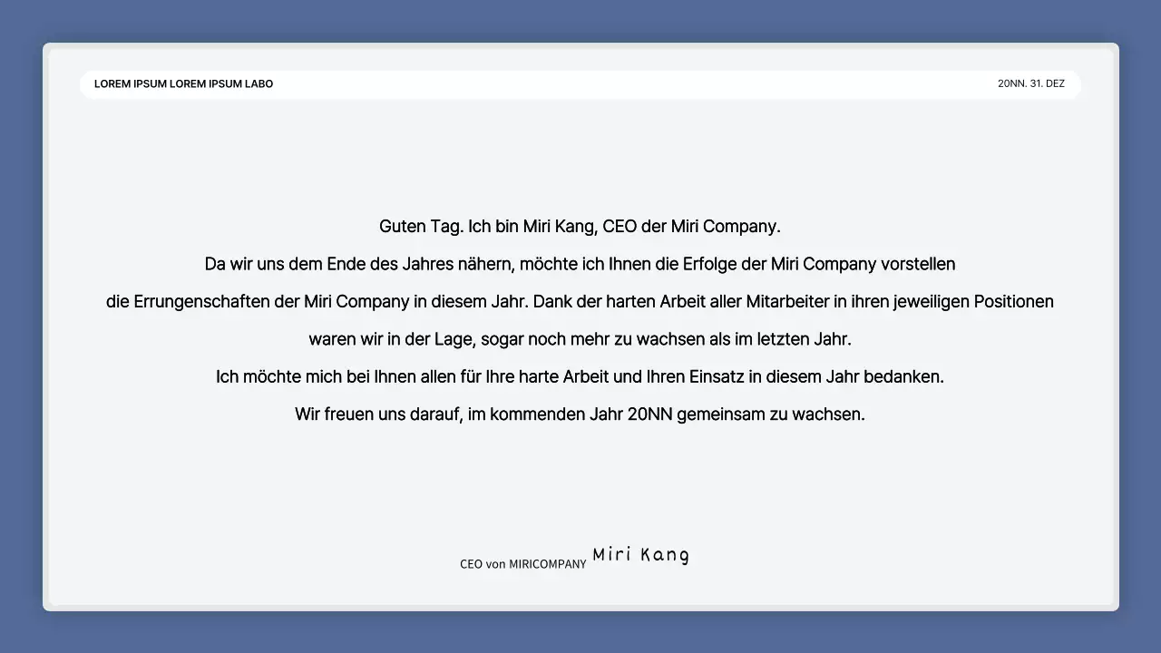 Eine einfache blau-weiße Leistungspräsentation und ein Veranstaltungsbericht zum Jahresende