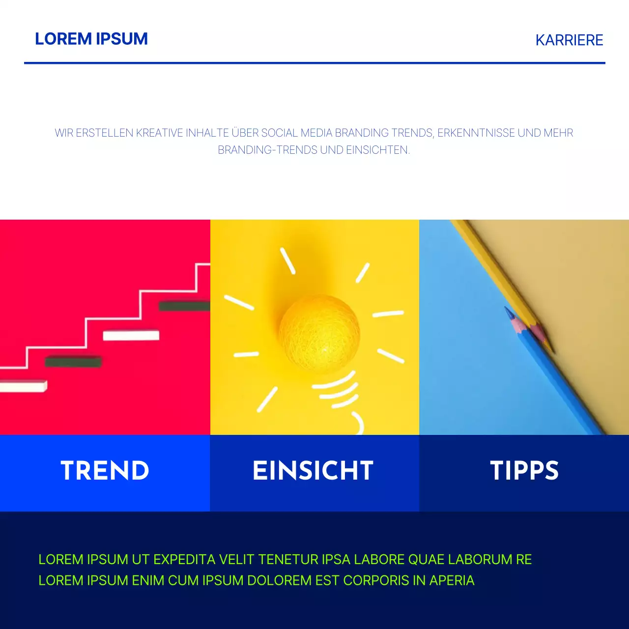 Minimalistische Stellenanzeige in Blau und Chartreuse