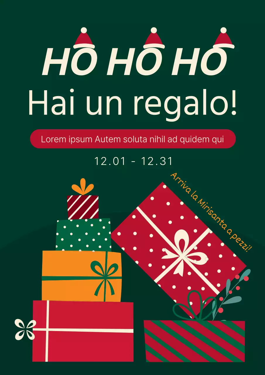 Pubblicità pop-art di regali natalizi e festivi in verde e rosso