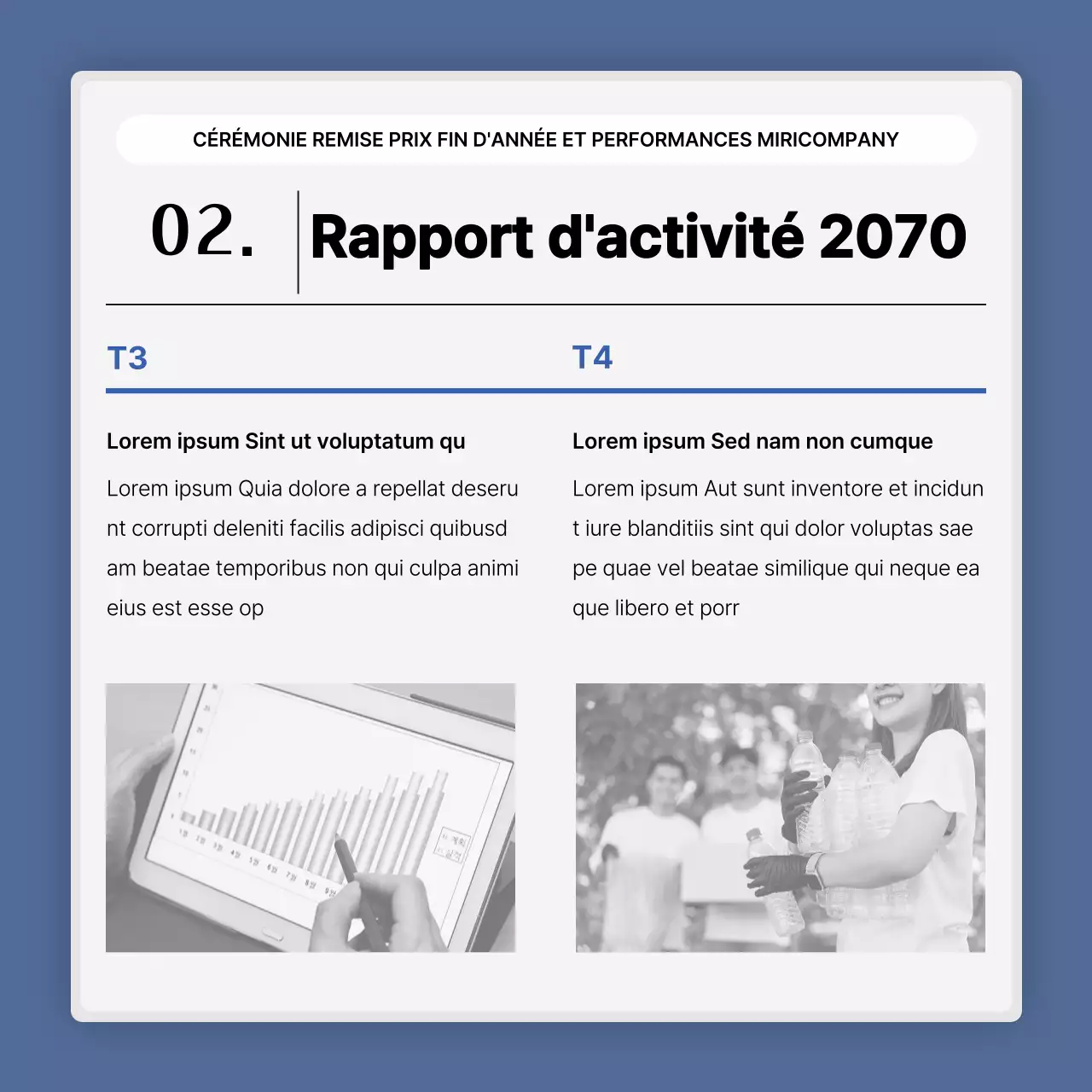 Une présentation simple des performances en bleu et blanc et un rapport sur les événements de fin d'année