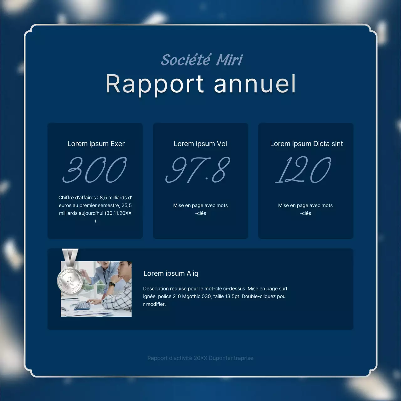 Un luxueux poste de rapport de performance de fin d'année en bleu marine et en argent