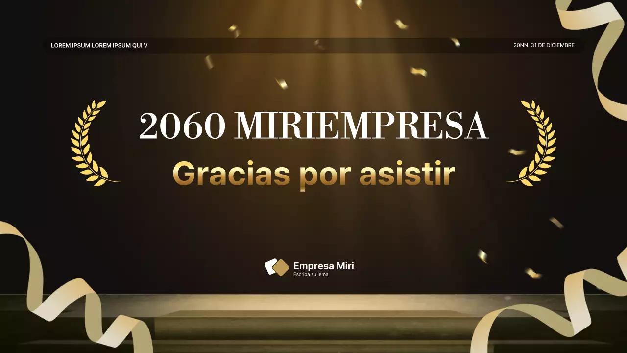 Una lujosa presentación de resultados en dorado y marrón y un informe del evento de fin de año