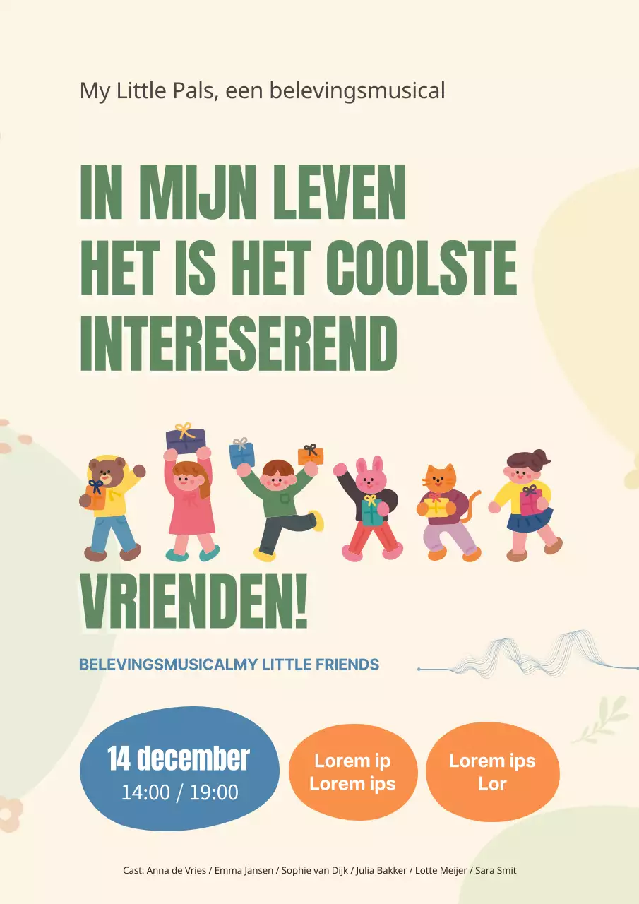 Promoot een kitscherige musical op een gele achtergrond