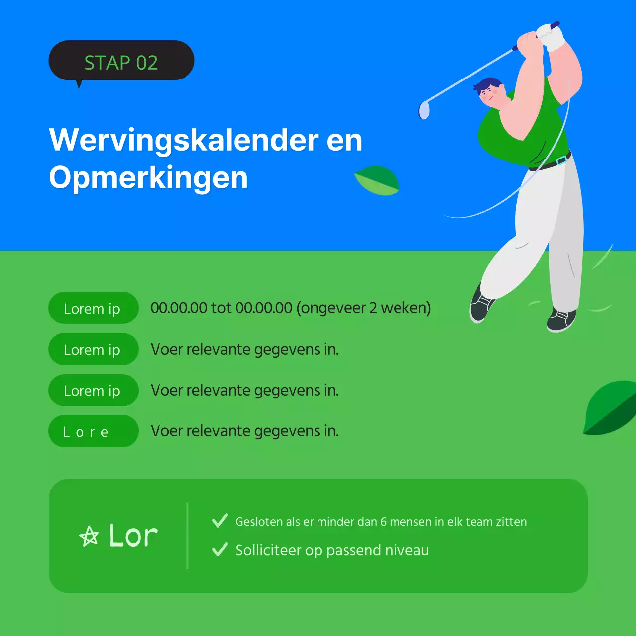 Minimalistische golfclub advertentie in groen en blauw