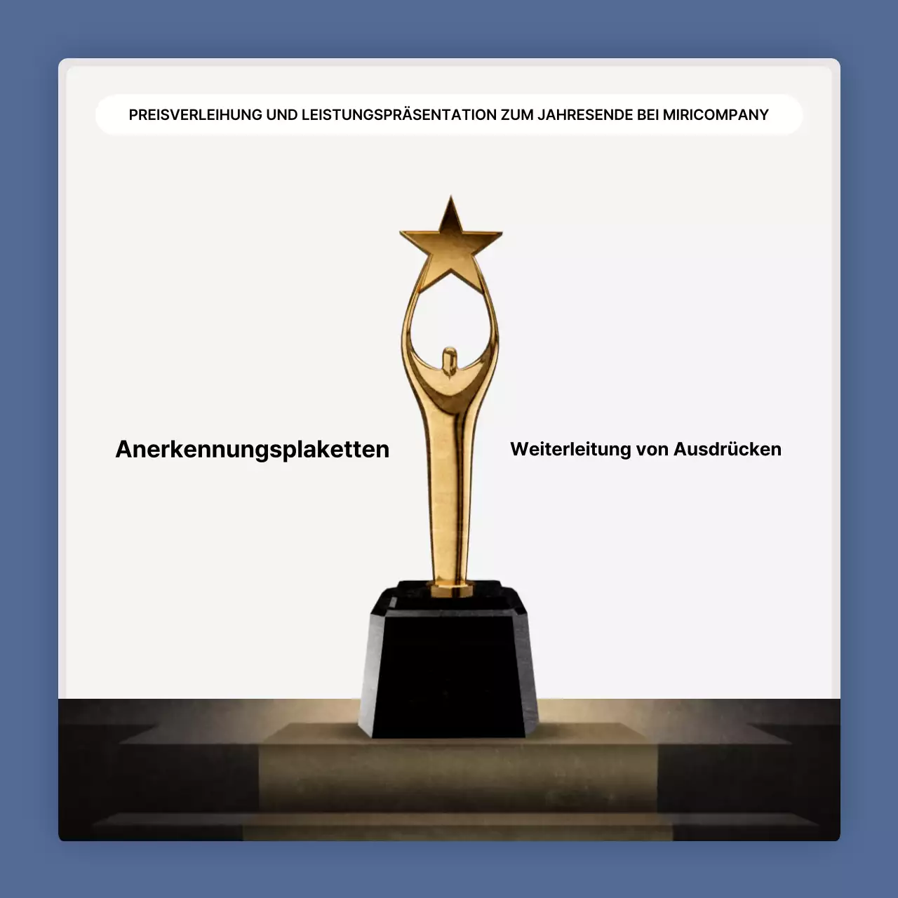 Eine einfache blau-weiße Leistungspräsentation und ein Veranstaltungsbericht zum Jahresende