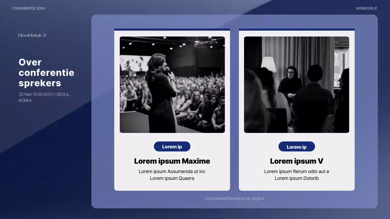 Een moderne conferentiepresentatie in marineblauw