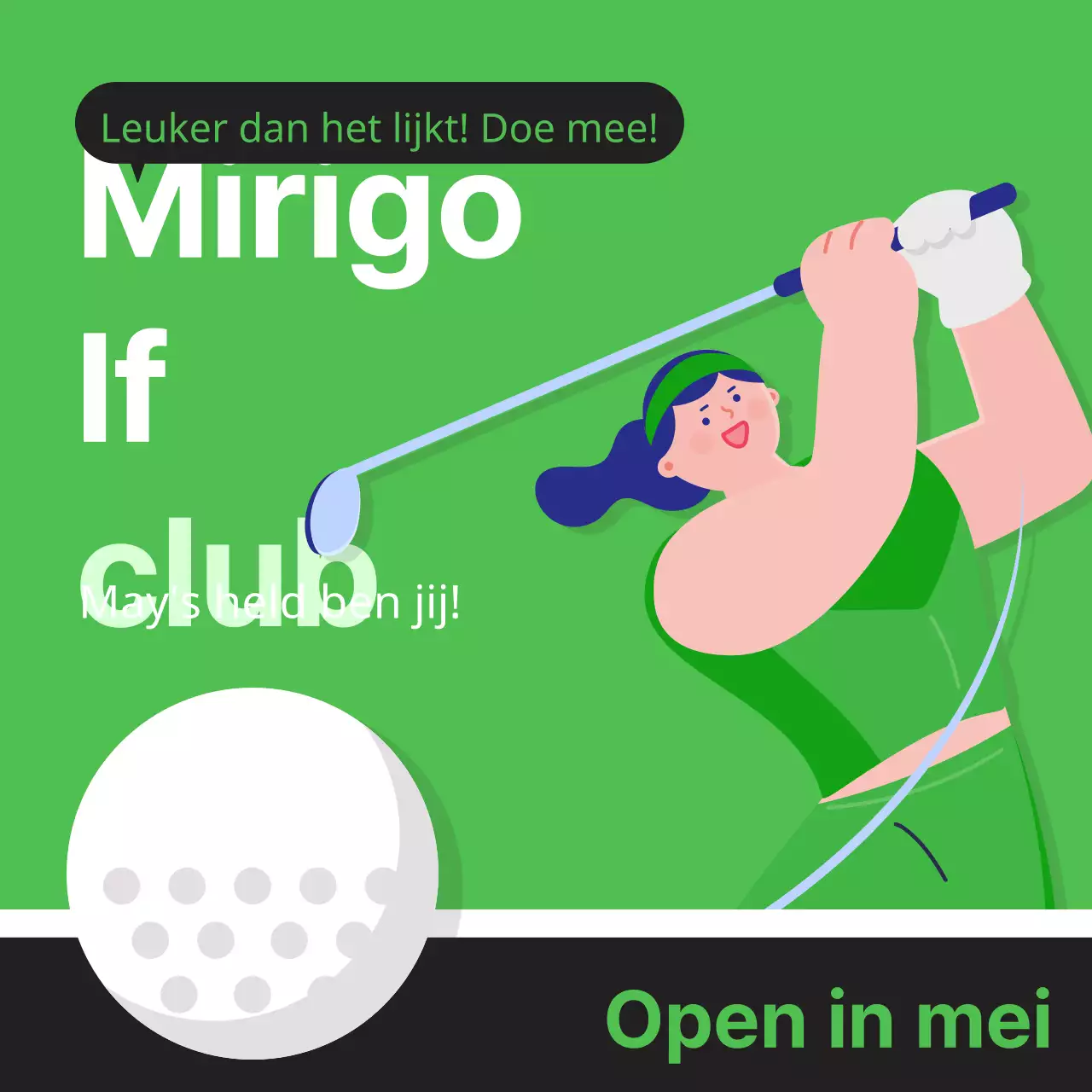 Minimalistische golfclub advertentie in groen en blauw