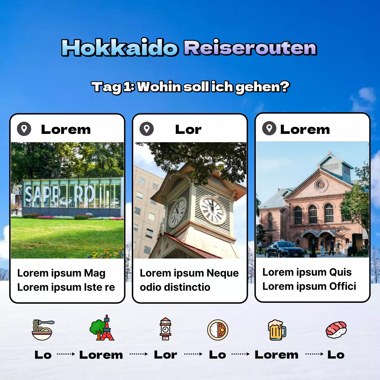 Kitschige Hokkaido-Reisewerbung in Hellblau und Mauve