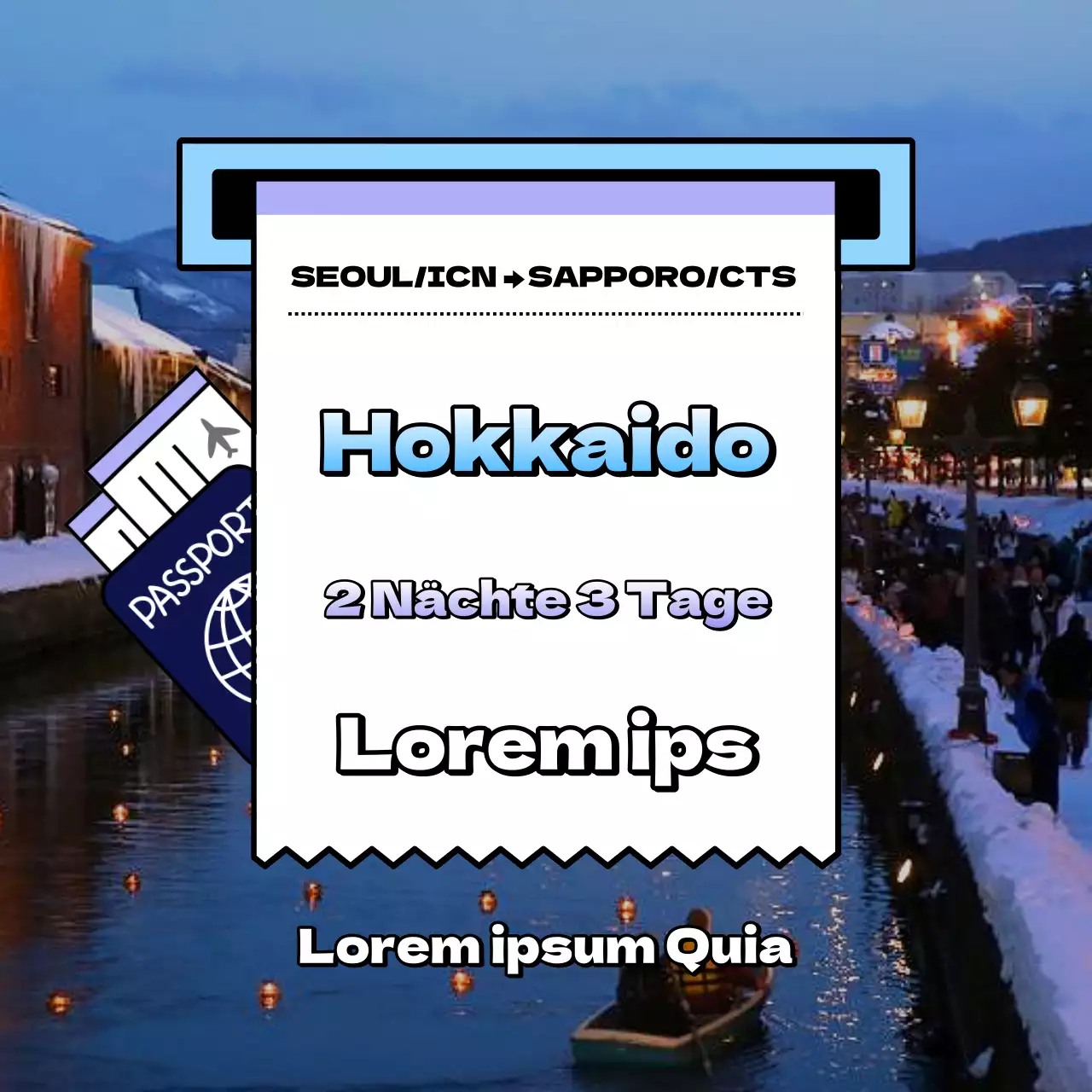 Kitschige Hokkaido-Reisewerbung in Hellblau und Mauve