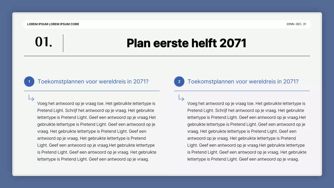 Een eenvoudige blauw-witte prestatiepresentatie en verslag van het eindejaarsevenement
