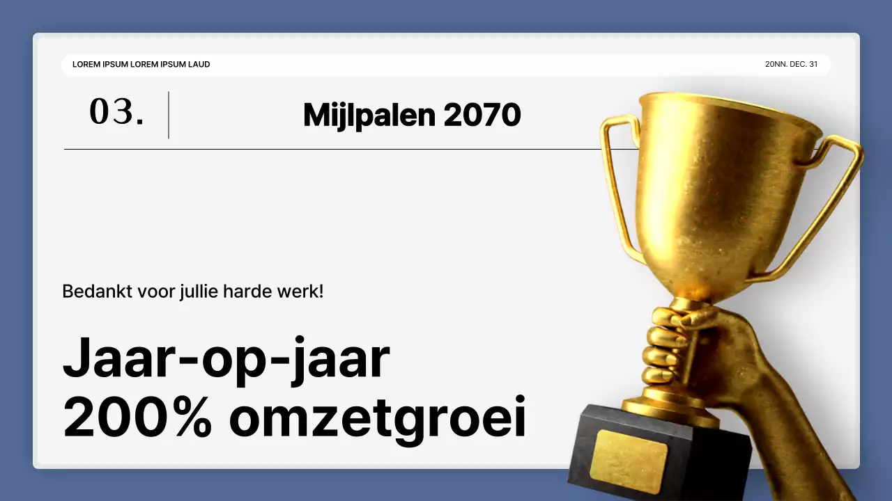 Een eenvoudige blauw-witte prestatiepresentatie en verslag van het eindejaarsevenement