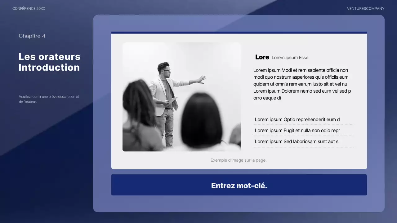 Une présentation de conférence moderne en bleu marine