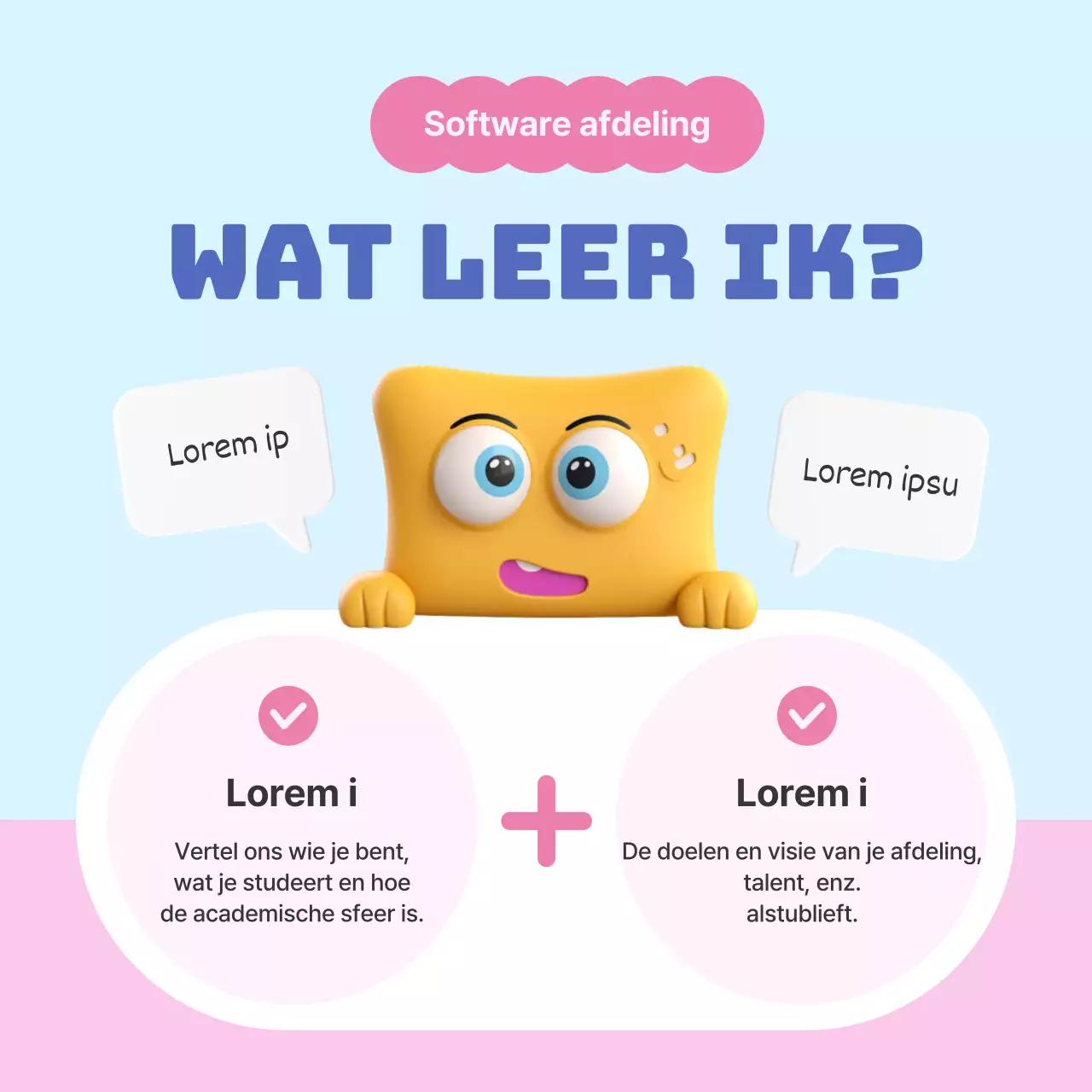 Een eenvoudig roze en lichtblauw kleurenschema om de afdeling te introduceren