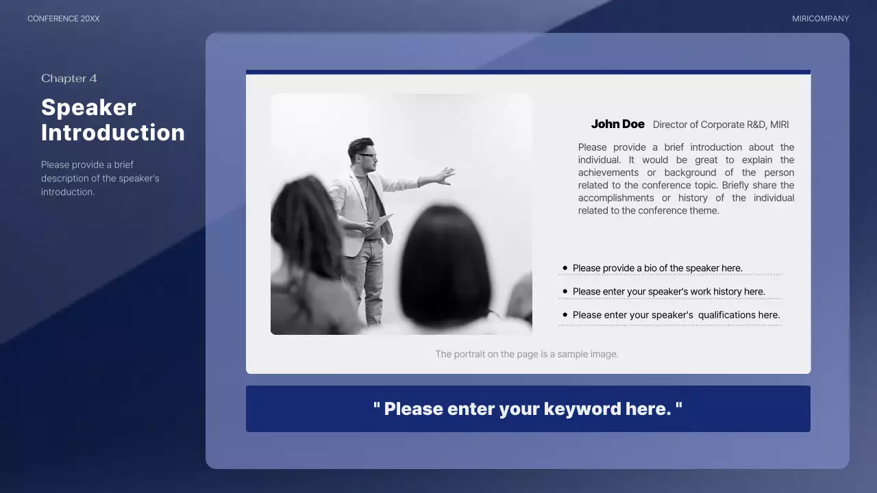 A modern conference presentation in navy blue