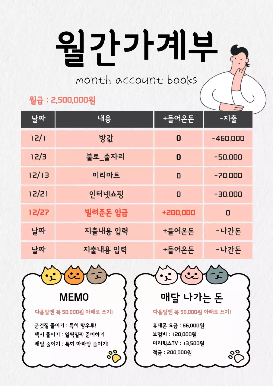 핑크와 검정의 미니멀한 월간가계부 계획서