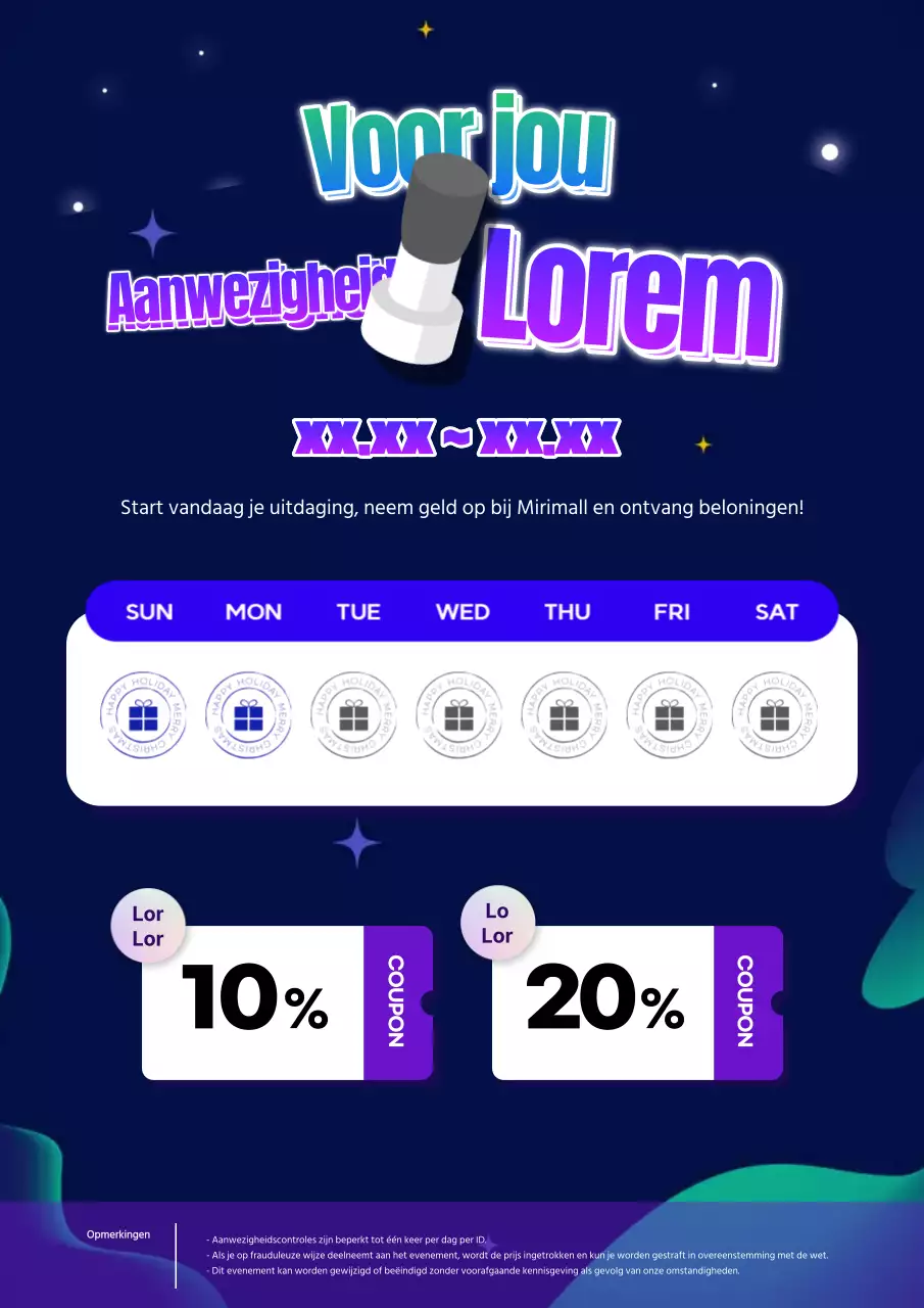 Promoot aanwezigheidsevenementen in blauw en paars
