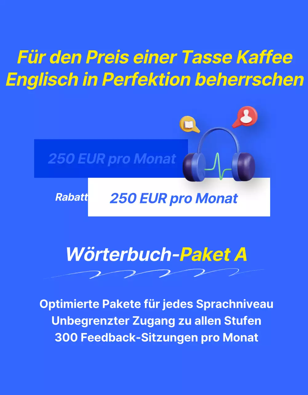 Werbung für ein kitschiges blau-gelbes Angebot für Englischunterricht