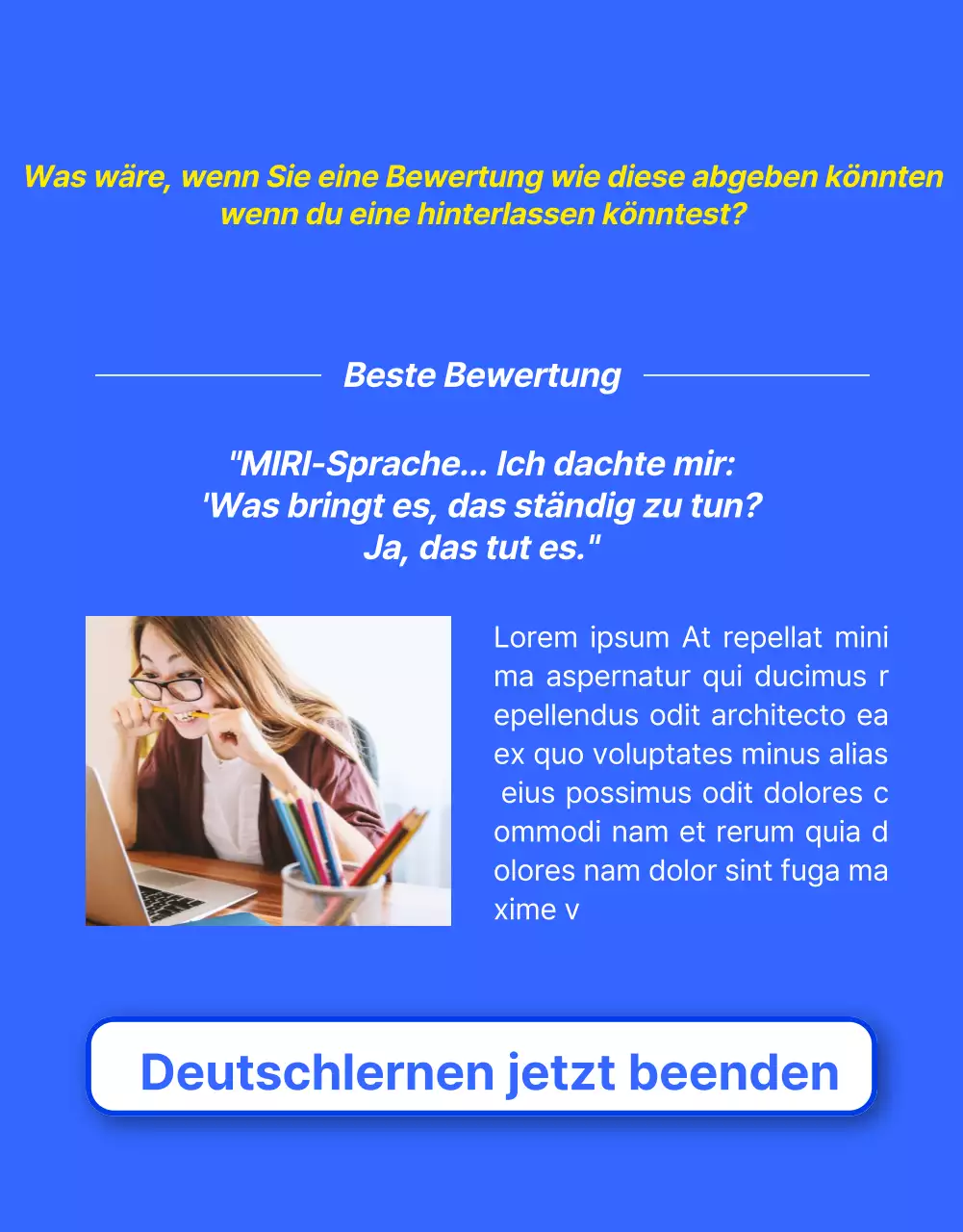 Werbung für ein kitschiges blau-gelbes Angebot für Englischunterricht