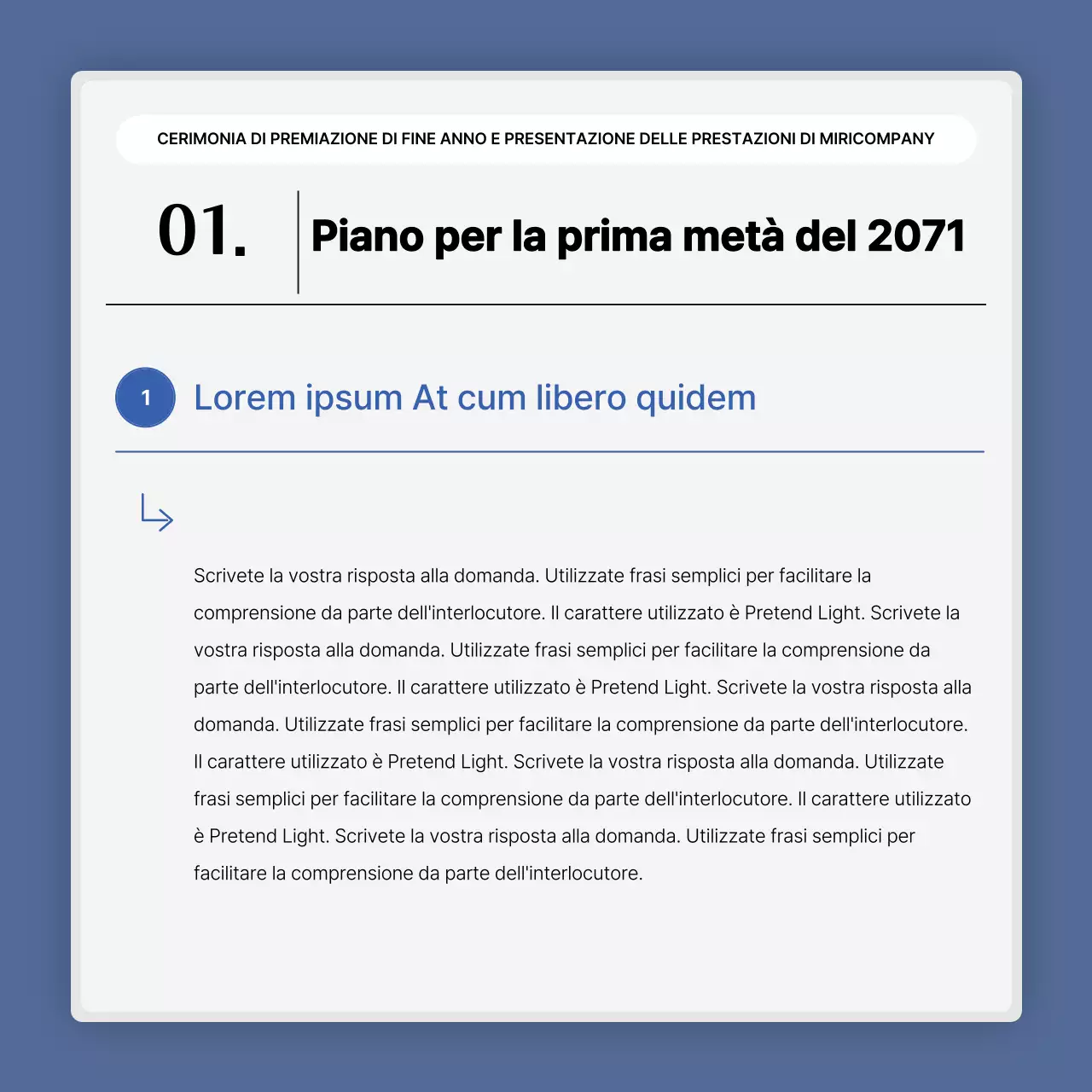 Una semplice presentazione delle prestazioni in bianco e blu e una relazione sull'evento di fine anno