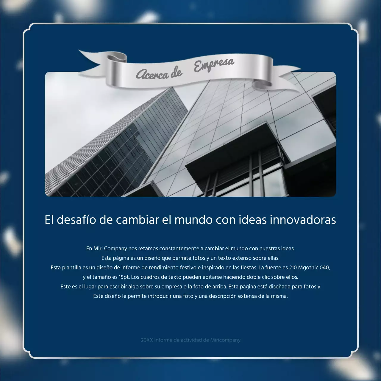 Un lujoso puesto para el informe de resultados de fin de año en azul marino y plata