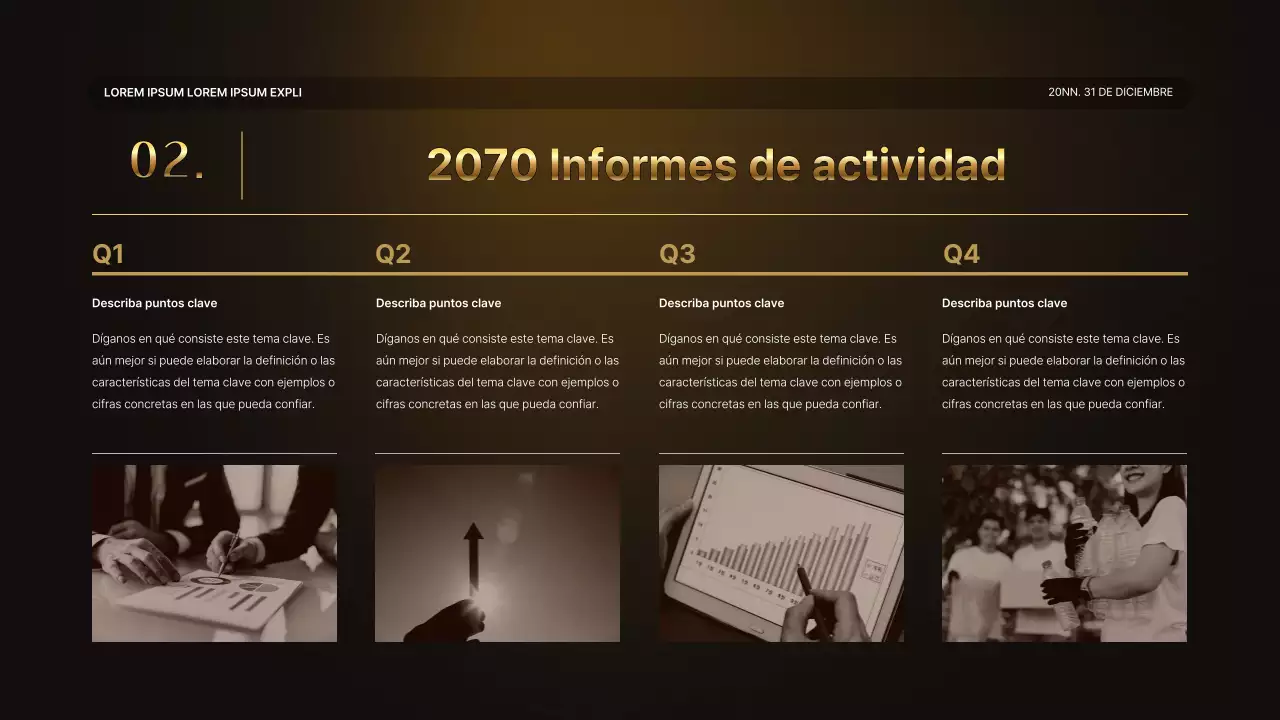 Una lujosa presentación de resultados en dorado y marrón y un informe del evento de fin de año