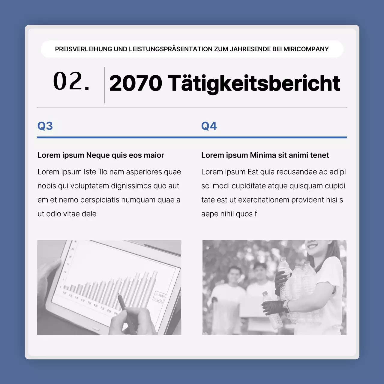 Eine einfache blau-weiße Leistungspräsentation und ein Veranstaltungsbericht zum Jahresende