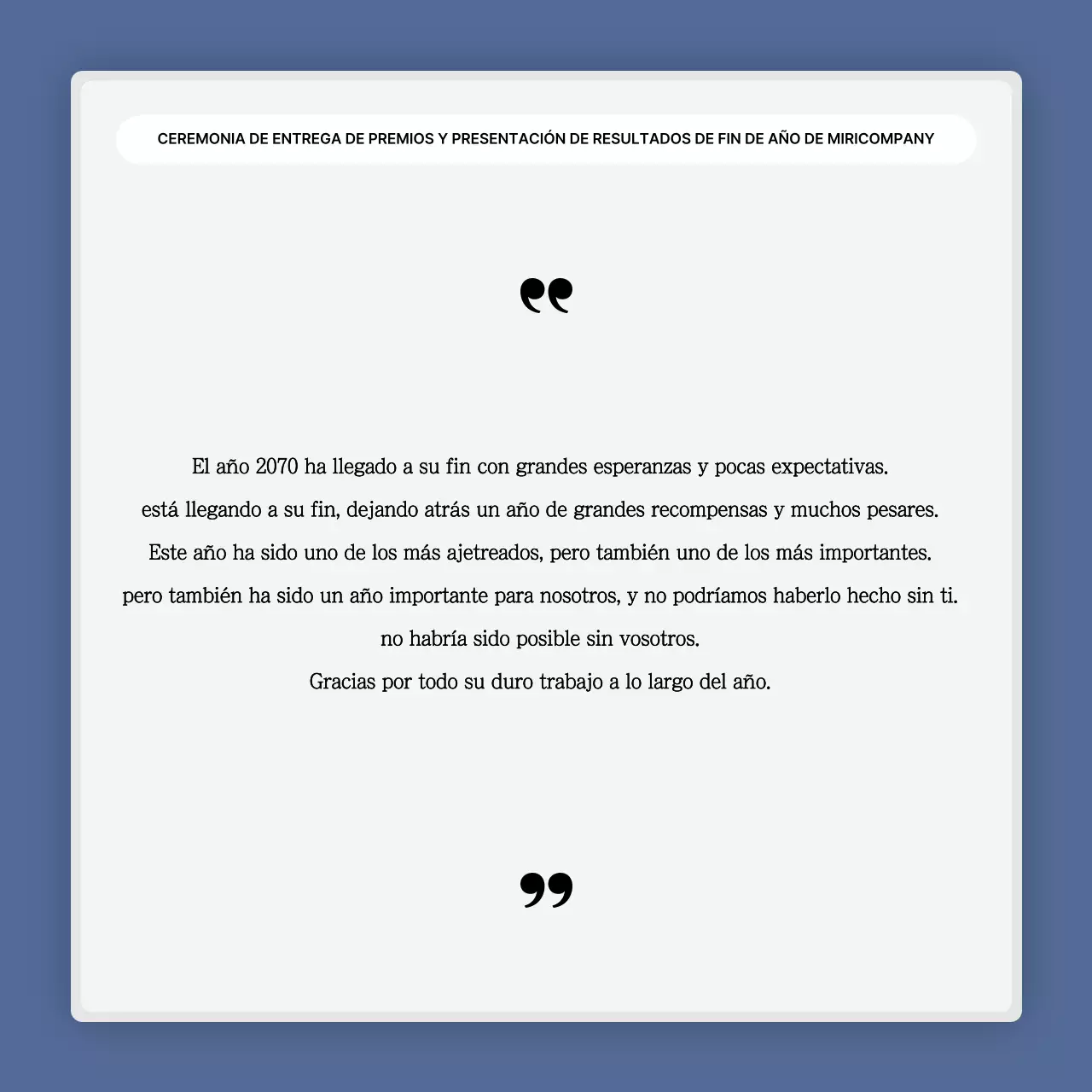 Una sencilla presentación en blanco y azul de los resultados y un informe de fin de año.