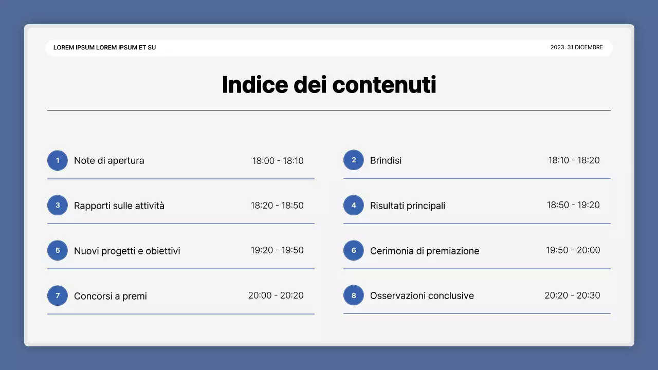 Una semplice presentazione della performance in bianco e blu e una relazione sull'evento di fine anno.