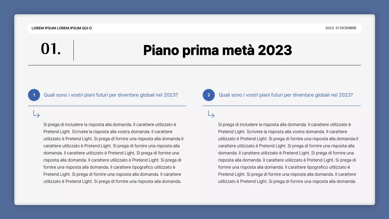 Una semplice presentazione della performance in bianco e blu e una relazione sull'evento di fine anno.