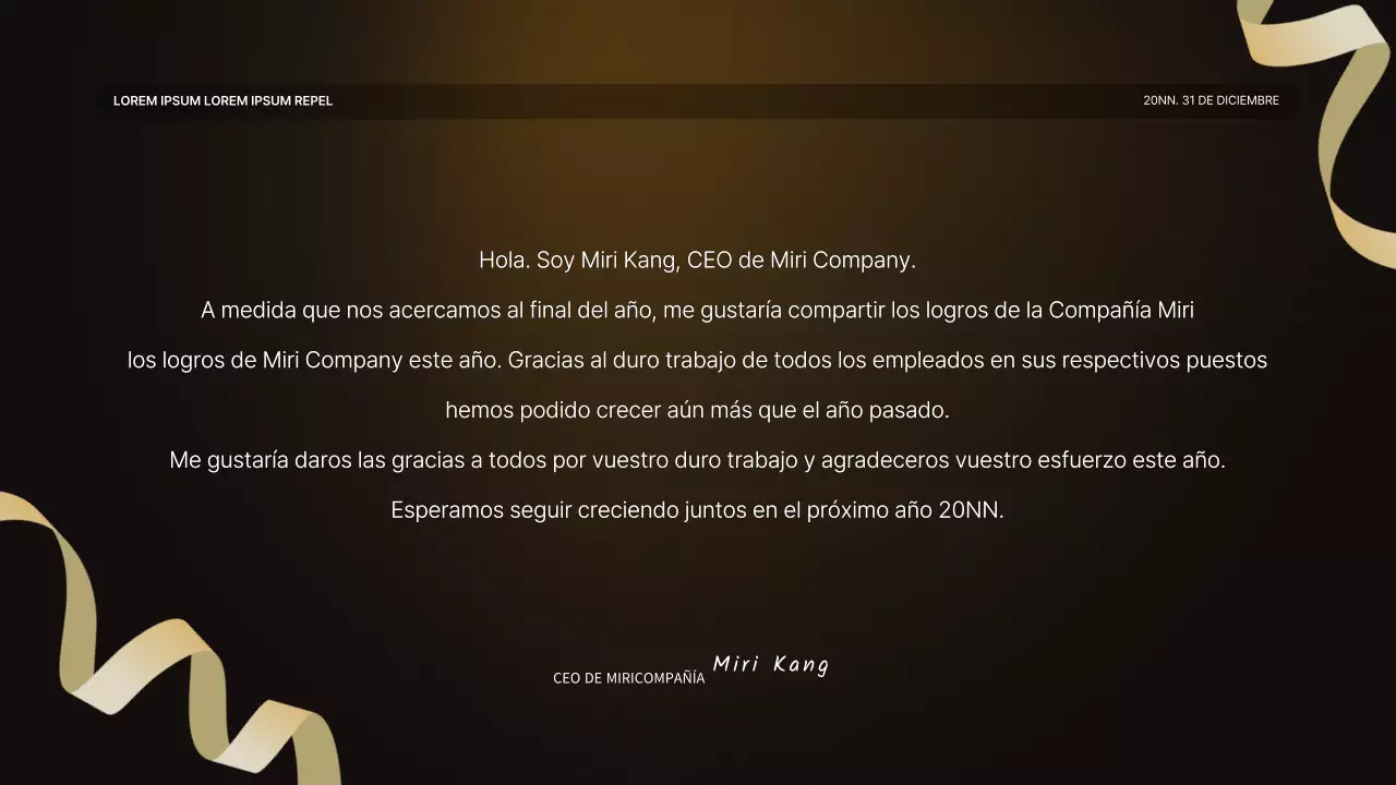 Una lujosa presentación de resultados en dorado y marrón y un informe del evento de fin de año