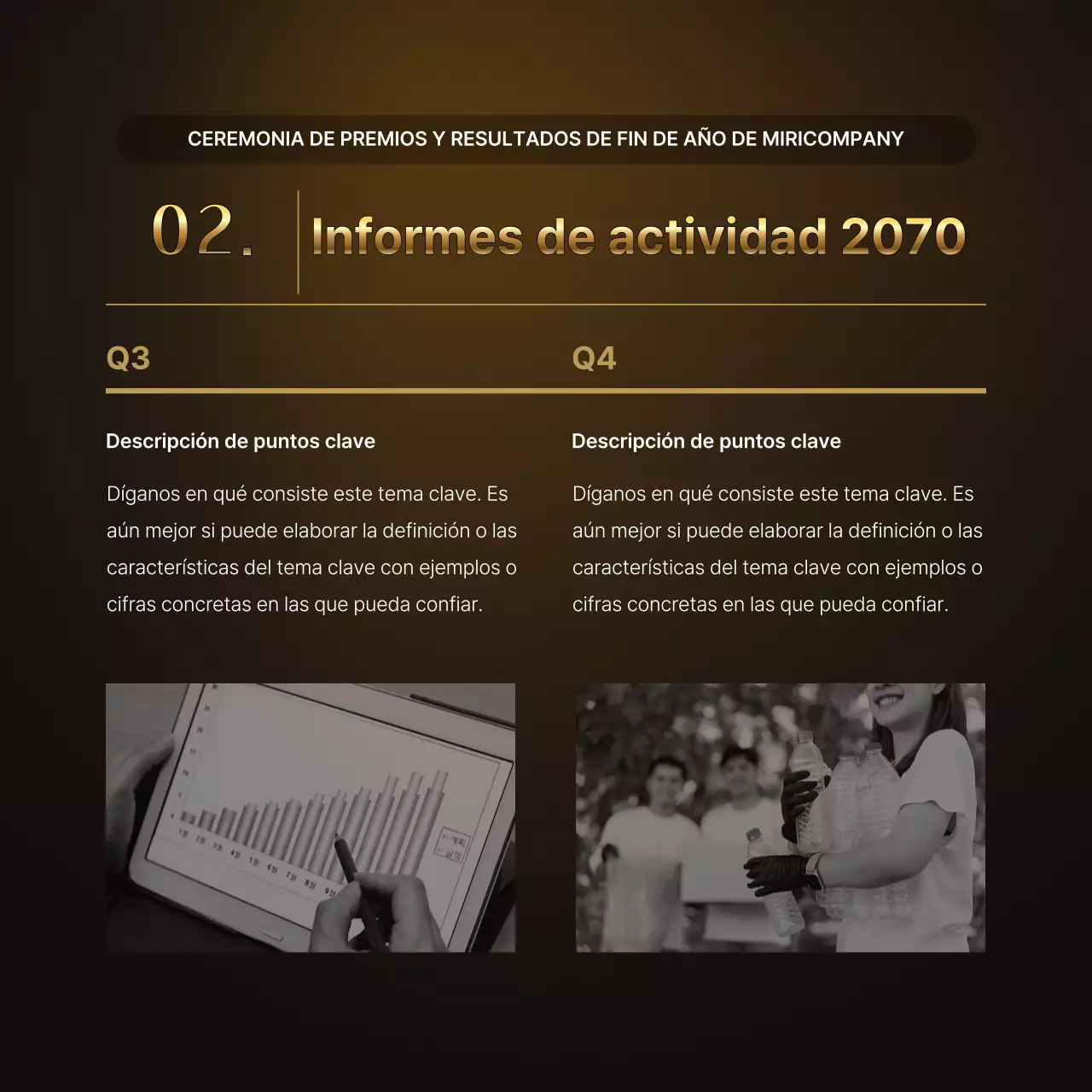 Presentaciones de resultados de lujo en oro y marrón e informes de eventos de fin de año