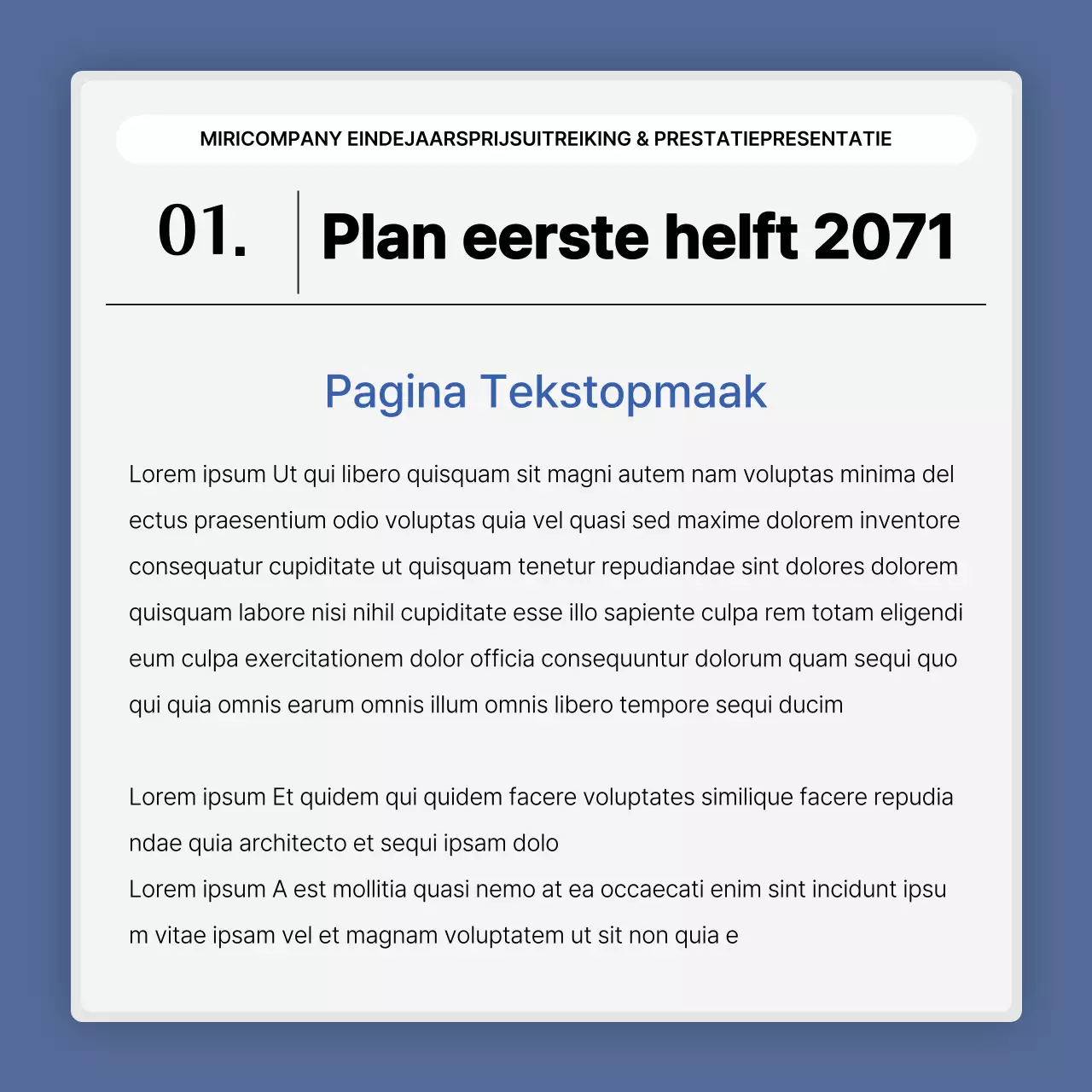 Een eenvoudige blauw-witte prestatiepresentatie en eindejaarsverslag