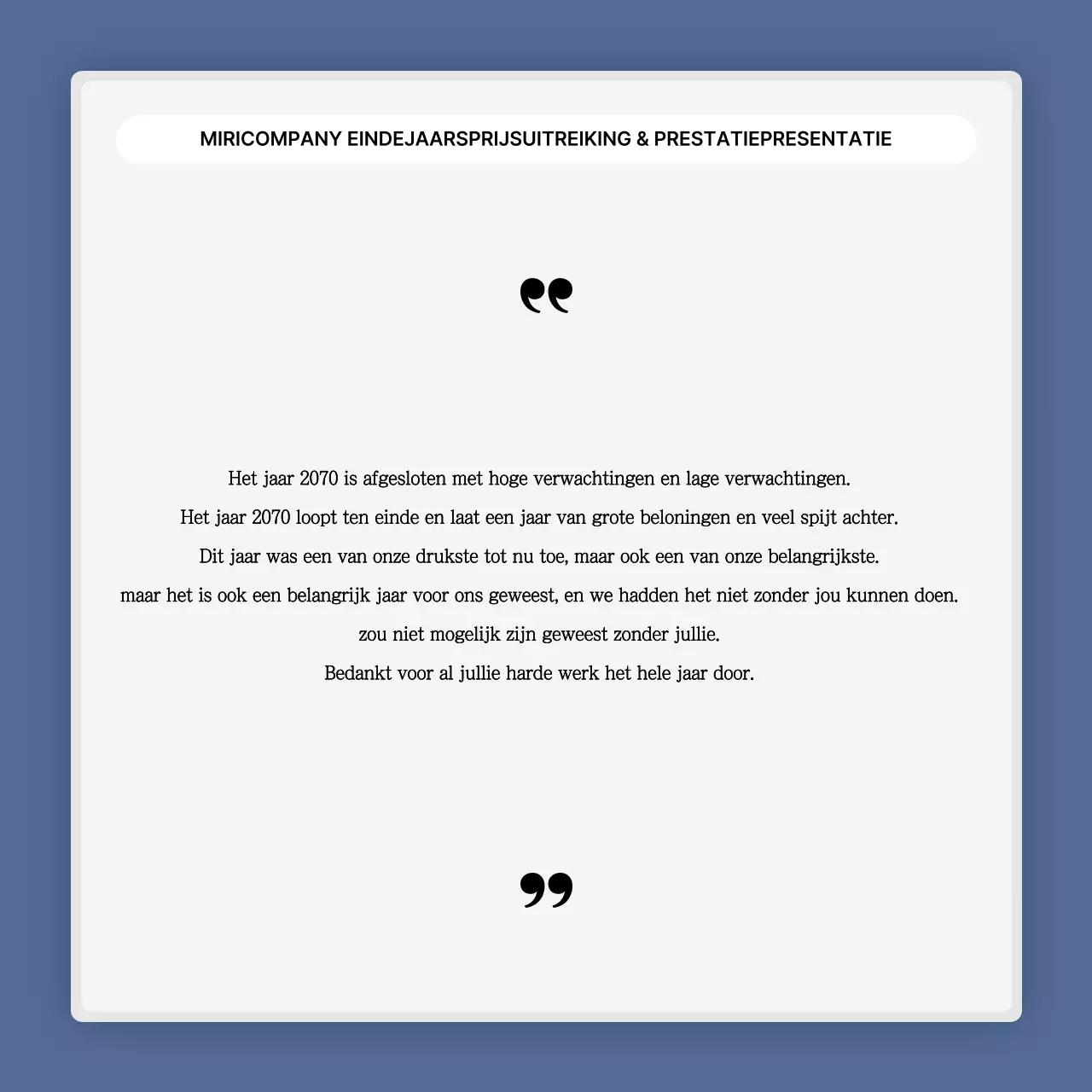 Een eenvoudige blauw-witte prestatiepresentatie en eindejaarsverslag