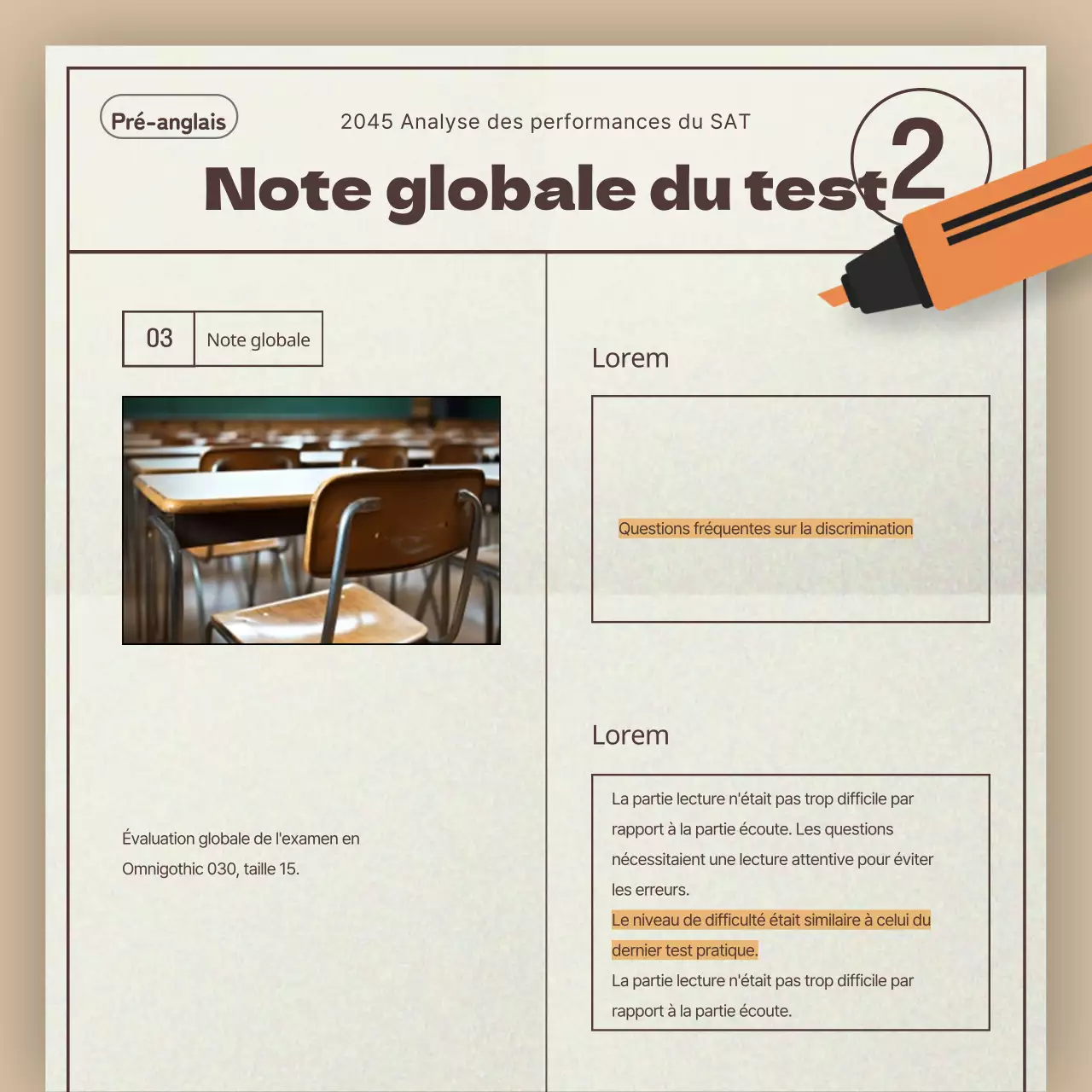 Un simple rapport beige et rouge d'analyse des tendances des examens SAT pour les académies