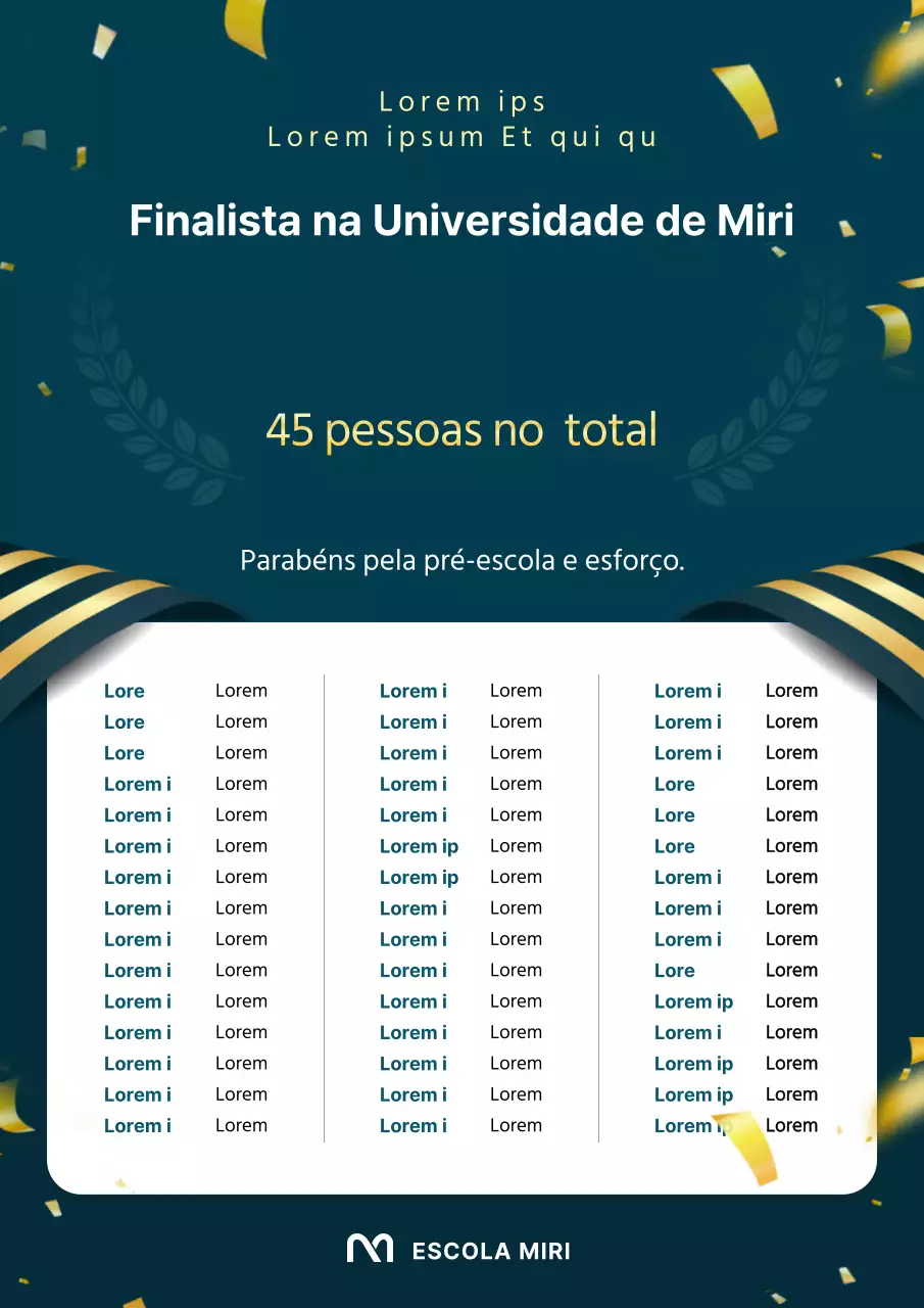 Anúncio dos candidatos aprovados em verde e dourado
