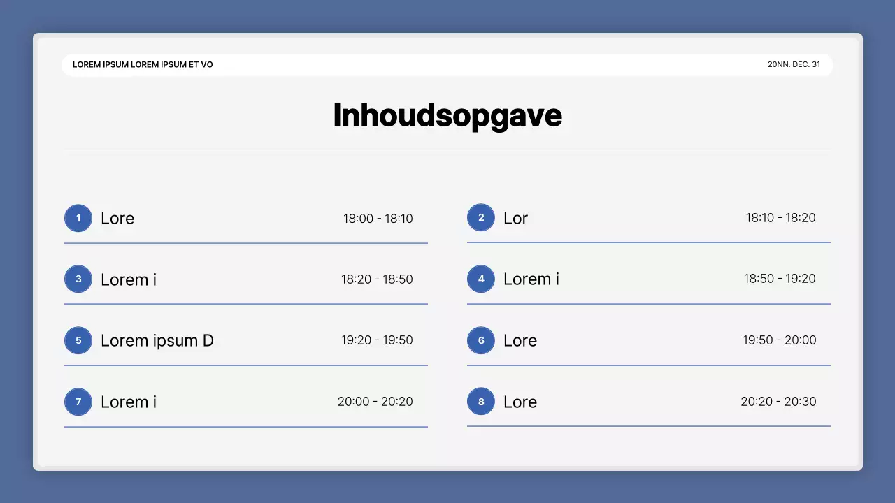 Een eenvoudige blauw-witte prestatiepresentatie en verslag van het eindejaarsevenement
