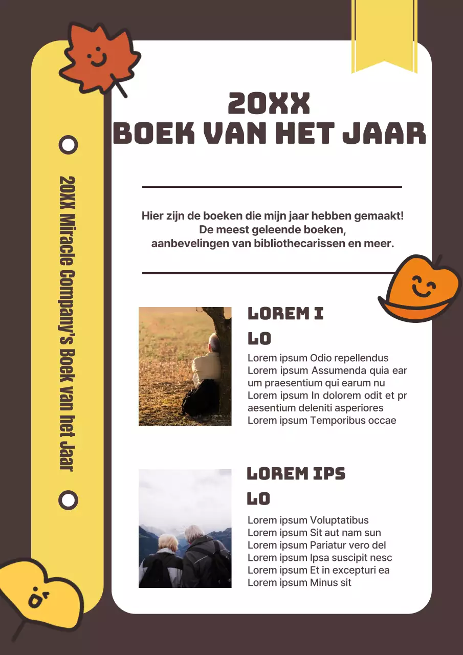 Over dit schattige boek met bruine en gele vallende bladfiguren