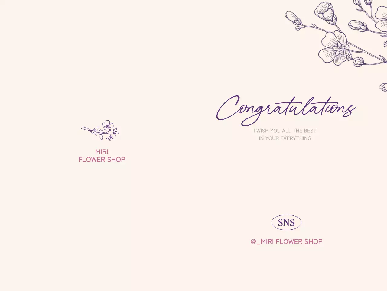 베이지색 배경의 꽃 라인 일러스트가 들어간 플라워샵 축하 카드