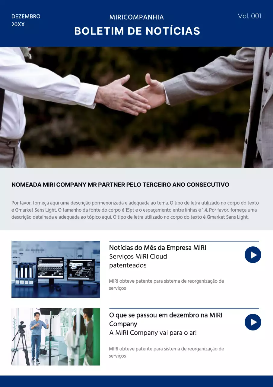 Anúncio simples de notícias da empresa em azul-marinho e branco