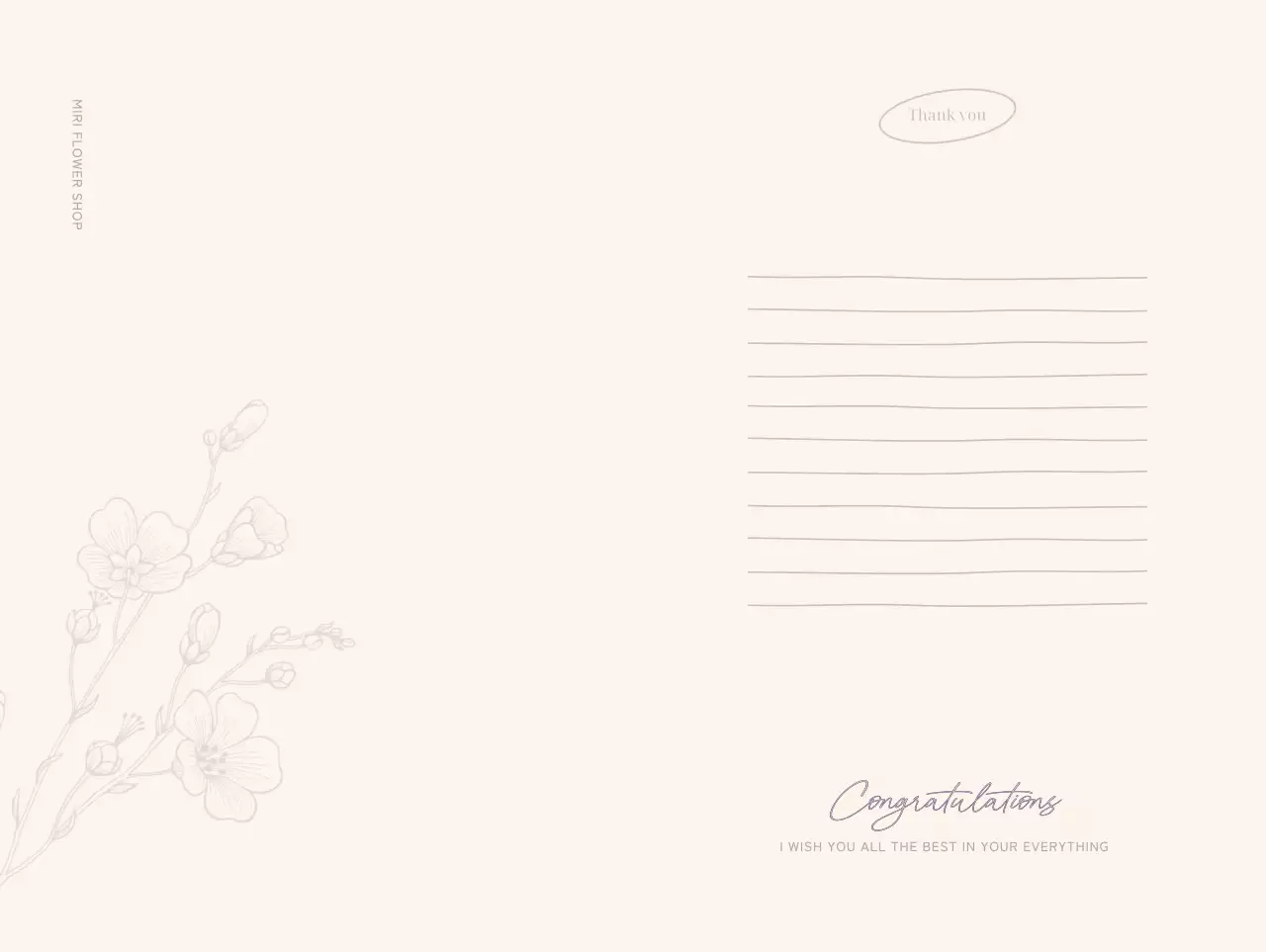 베이지색 배경의 꽃 라인 일러스트가 들어간 플라워샵 축하 카드